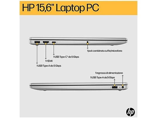 HP 15-FC0110NL NOTEBOOK, 15,6 ", processore AMD Ryzen 57520U, AMD Radeon™ Onboard Graphics, RAM 16 GB, 512 GB SSD, Silver, Windows 11 Home