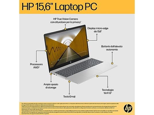 HP 15-FC0110NL NOTEBOOK, 15,6 ", processore AMD Ryzen 57520U, AMD Radeon™ Onboard Graphics, RAM 16 GB, 512 GB SSD, Silver, Windows 11 Home