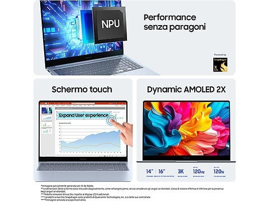 SAMSUNG Galaxy Book4 Edge 14 NOTEBOOK, 14 ", processore Qualcomm Snapdragon X EliteX1E-80-100, Qualcomm Adreno™ Onboard Graphics, RAM 16 GB, 512 GB Flash, Sapphire, Windows 11 Home